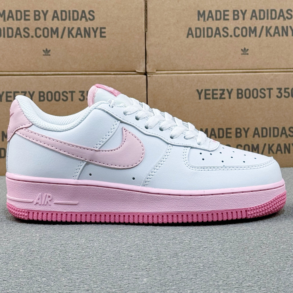 Nike Air Force 1 ’07 Low AF1 White & Pink Sneakers, Pastel Swoosh Pink Sole Retro Lace-Up Casual Shoes