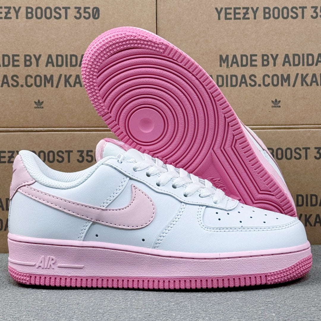 Nike Air Force 1 ’07 Low AF1 White & Pink Sneakers, Pastel Swoosh Pink Sole Retro Lace-Up Casual Shoes