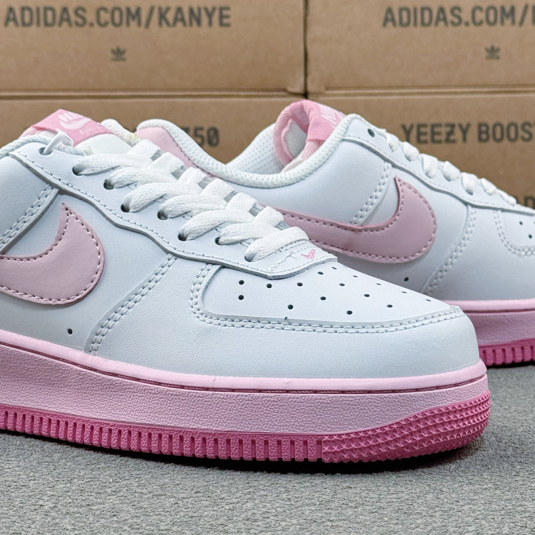 Nike Air Force 1 ’07 Low AF1 White & Pink Sneakers, Pastel Swoosh Pink Sole Retro Lace-Up Casual Shoes