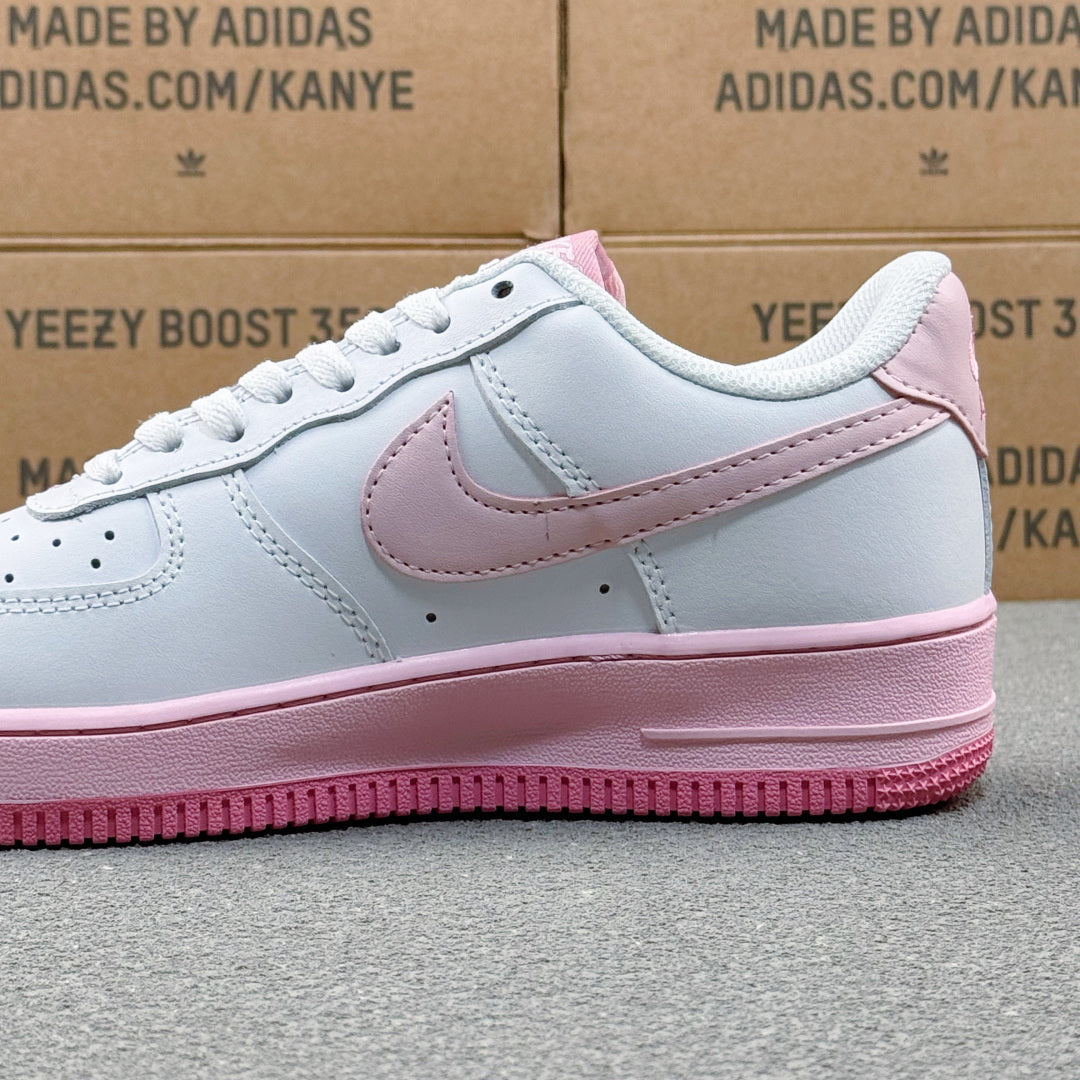 Nike Air Force 1 ’07 Low AF1 White & Pink Sneakers, Pastel Swoosh Pink Sole Retro Lace-Up Casual Shoes
