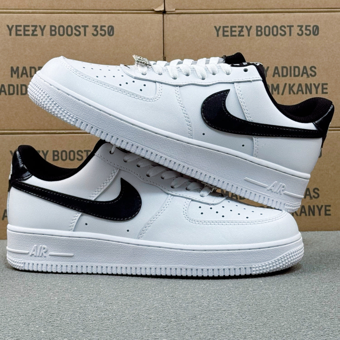 Nike Air Force 1 ’07 Low AF1 White & Black Sneakers, Contrast Swoosh Retro Lace-Up Casual Streetwear Shoes