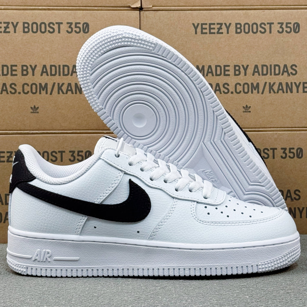 Nike Air Force 1 ’07 Low AF1 White & Black Sneakers, Black Swoosh Lace-Up Retro Casual Streetwear Shoes