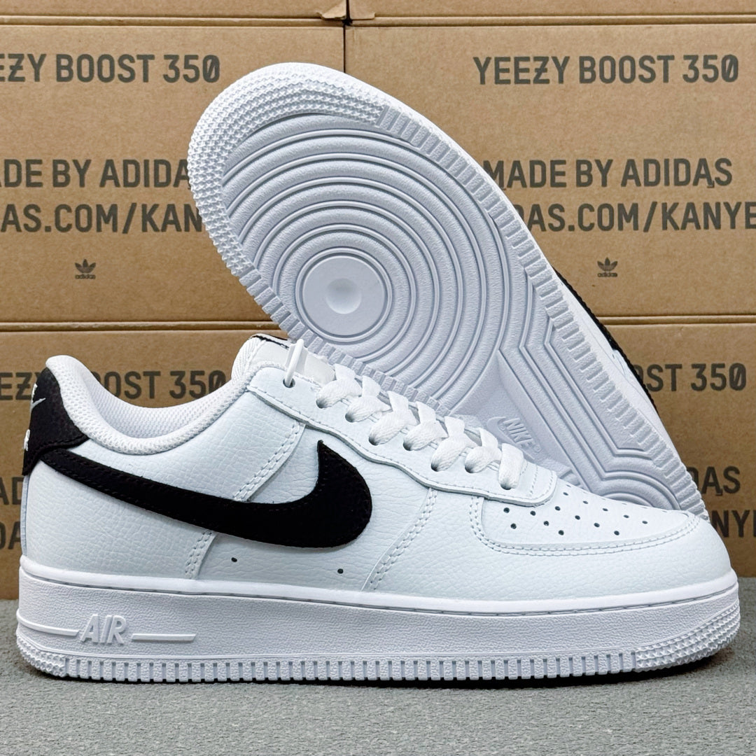 Nike Air Force 1 ’07 Low AF1 White & Black Sneakers, Black Swoosh Lace-Up Retro Casual Streetwear Shoes