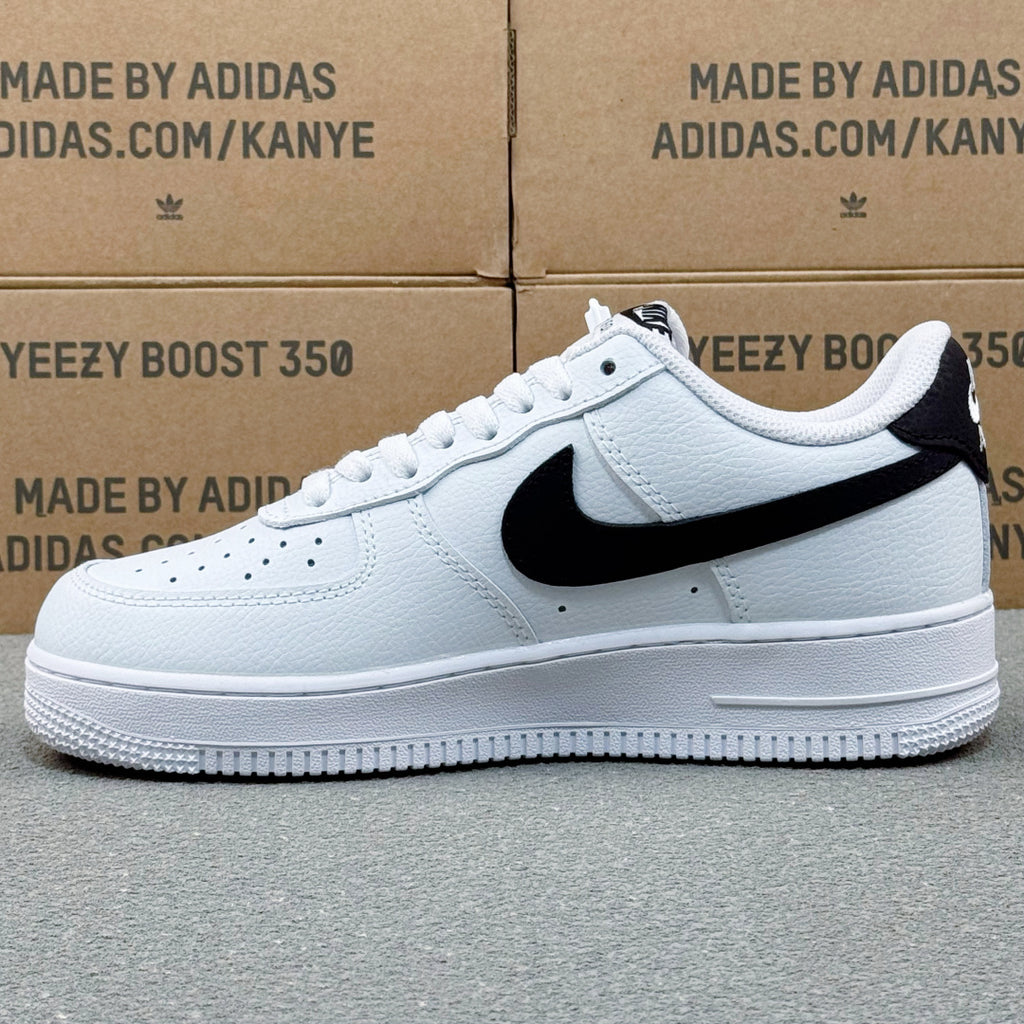 Nike Air Force 1 ’07 Low AF1 White & Black Sneakers, Black Swoosh Lace-Up Retro Casual Streetwear Shoes