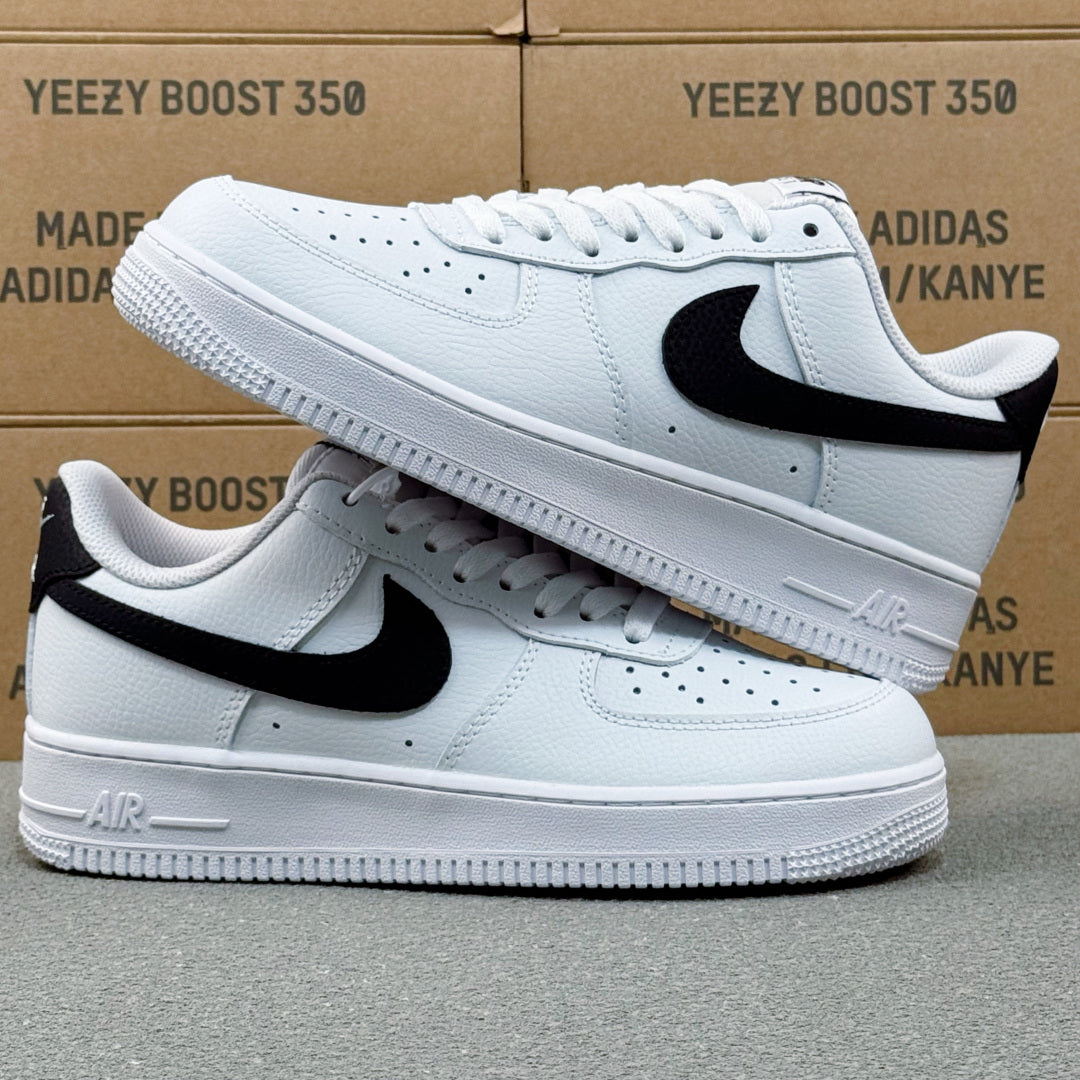 Nike Air Force 1 ’07 Low AF1 White & Black Sneakers, Black Swoosh Lace-Up Retro Casual Streetwear Shoes