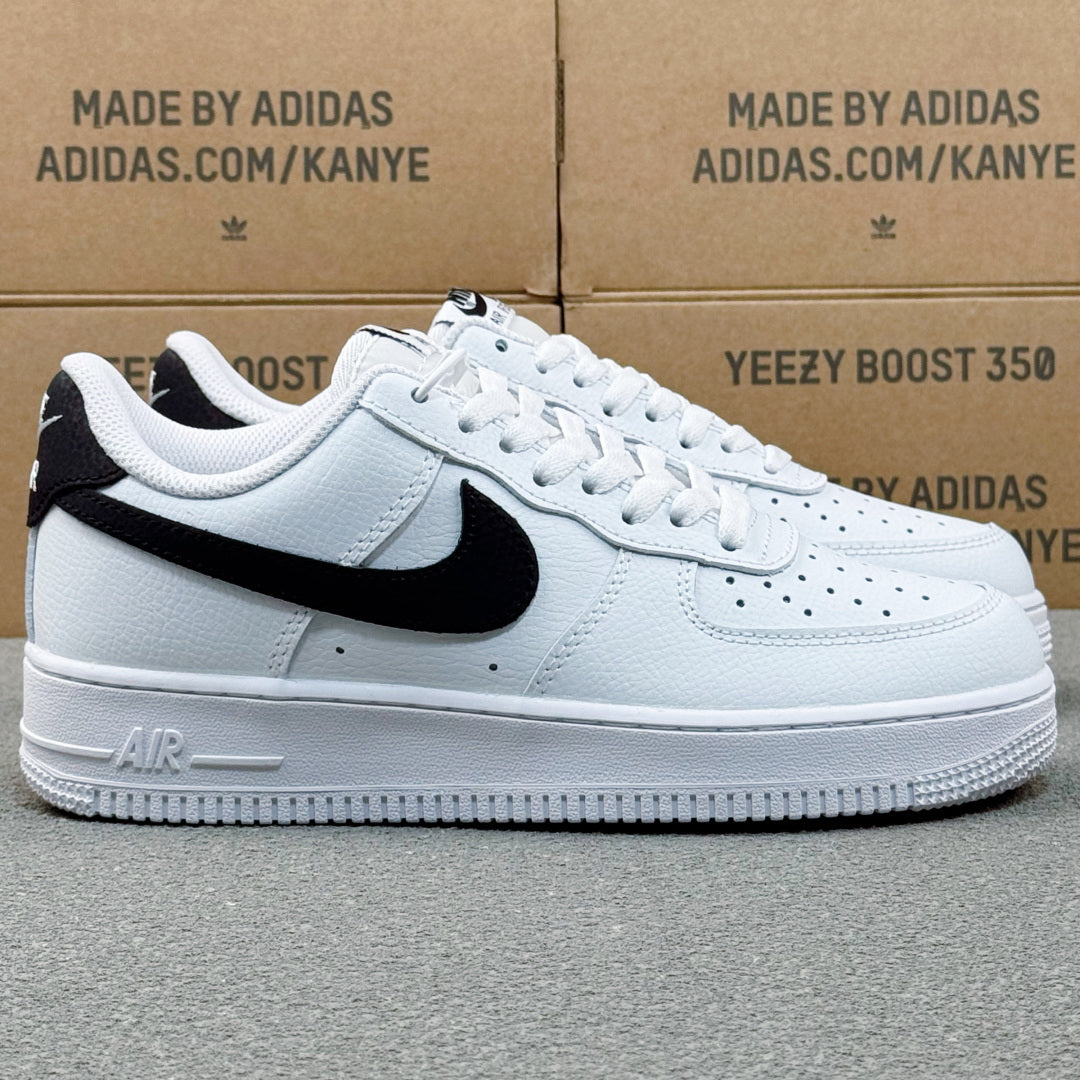 Nike Air Force 1 ’07 Low AF1 White & Black Sneakers, Black Swoosh Lace-Up Retro Casual Streetwear Shoes