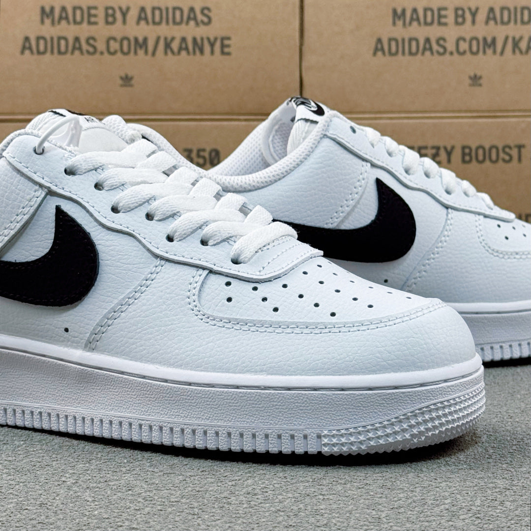 Nike Air Force 1 ’07 Low AF1 White & Black Sneakers, Black Swoosh Lace-Up Retro Casual Streetwear Shoes
