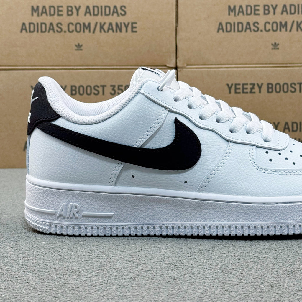 Nike Air Force 1 ’07 Low AF1 White & Black Sneakers, Black Swoosh Lace-Up Retro Casual Streetwear Shoes