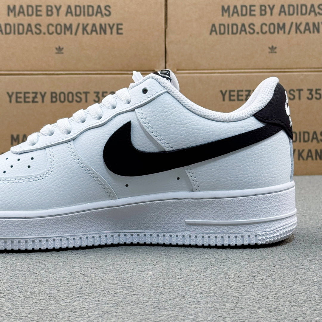 Nike Air Force 1 ’07 Low AF1 White & Black Sneakers, Black Swoosh Lace-Up Retro Casual Streetwear Shoes
