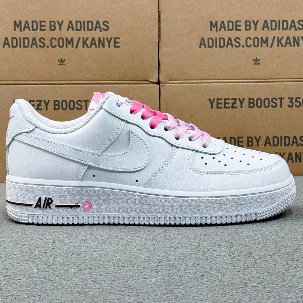 Nike Air Force 1 ’07 Low AF1 White Sneakers with Pink Lace Details, Tonal Swoosh Retro Casual Streetwear Shoes