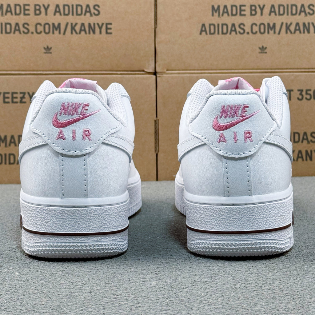 Nike Air Force 1 ’07 Low AF1 White Sneakers with Pink Lace Details, Tonal Swoosh Retro Casual Streetwear Shoes