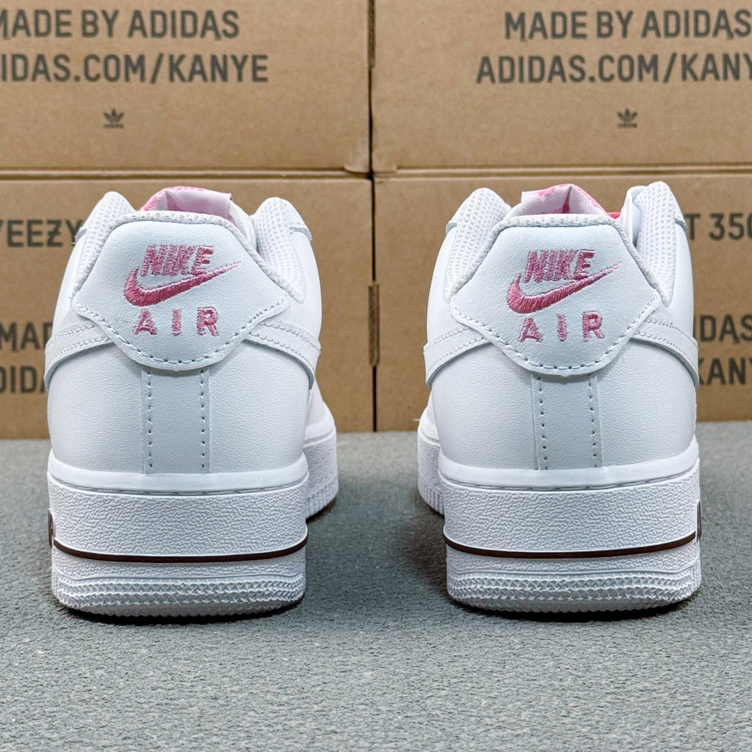 Nike Air Force 1 ’07 Low AF1 White Sneakers with Pink Lace Details, Tonal Swoosh Retro Casual Streetwear Shoes