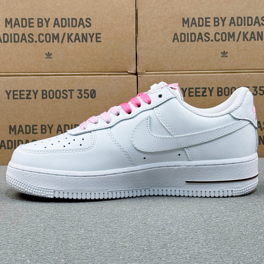 Nike Air Force 1 ’07 Low AF1 White Sneakers with Pink Lace Details, Tonal Swoosh Retro Casual Streetwear Shoes