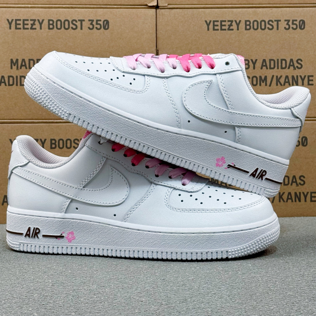 Nike Air Force 1 ’07 Low AF1 White Sneakers with Pink Lace Details, Tonal Swoosh Retro Casual Streetwear Shoes
