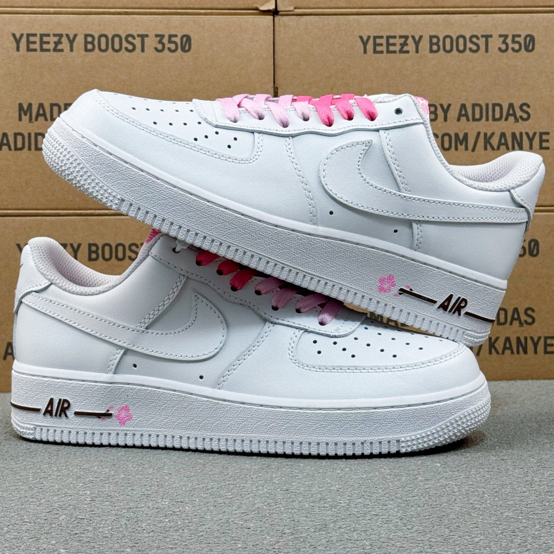 Nike Air Force 1 ’07 Low AF1 White Sneakers with Pink Lace Details, Tonal Swoosh Retro Casual Streetwear Shoes