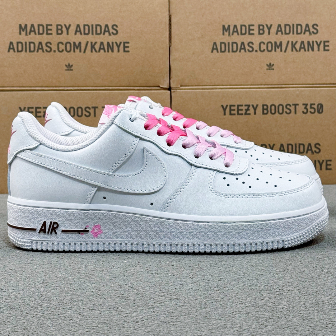 Nike Air Force 1 ’07 Low AF1 White Sneakers with Pink Lace Details, Tonal Swoosh Retro Casual Streetwear Shoes
