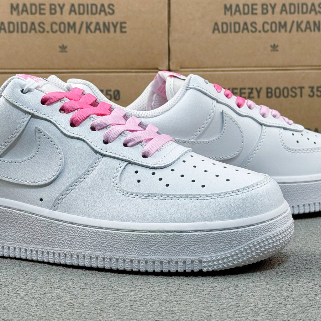 Nike Air Force 1 ’07 Low AF1 White Sneakers with Pink Lace Details, Tonal Swoosh Retro Casual Streetwear Shoes