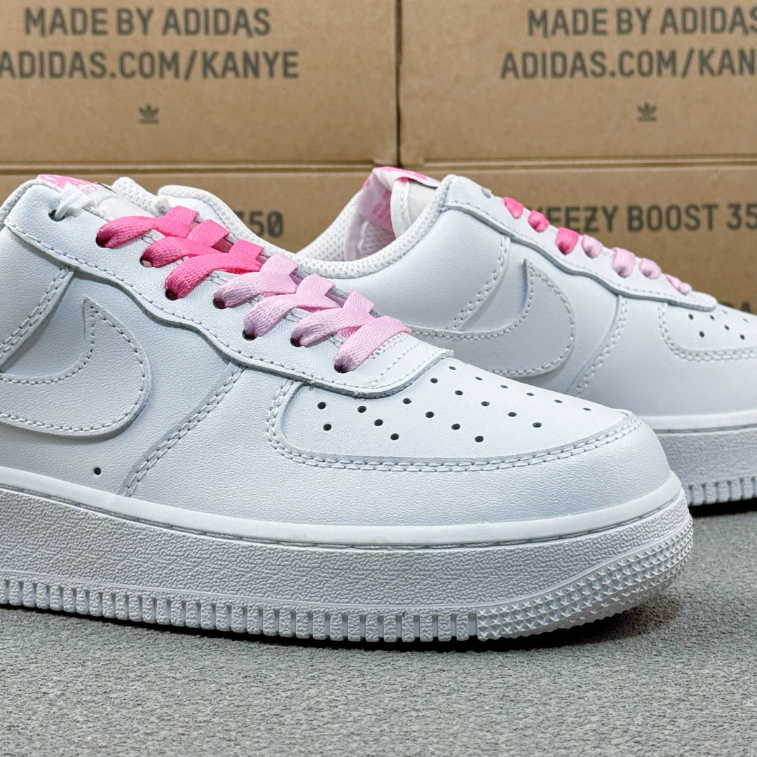 Nike Air Force 1 ’07 Low AF1 White Sneakers with Pink Lace Details, Tonal Swoosh Retro Casual Streetwear Shoes