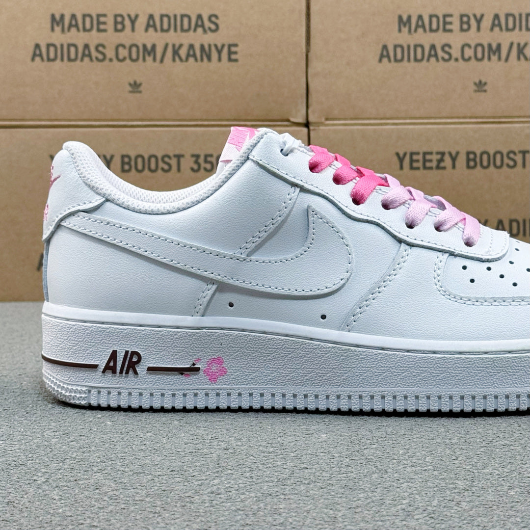 Nike Air Force 1 ’07 Low AF1 White Sneakers with Pink Lace Details, Tonal Swoosh Retro Casual Streetwear Shoes