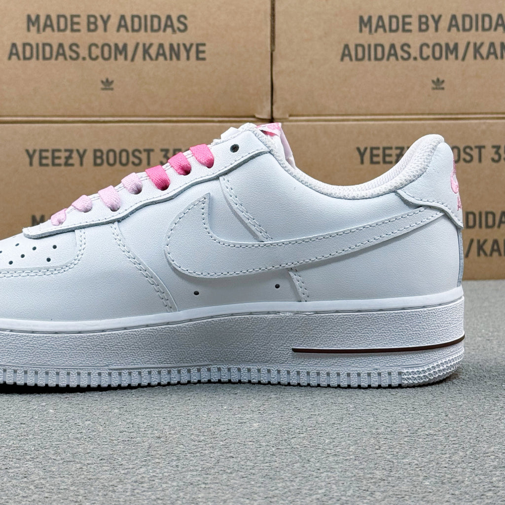 Nike Air Force 1 ’07 Low AF1 White Sneakers with Pink Lace Details, Tonal Swoosh Retro Casual Streetwear Shoes