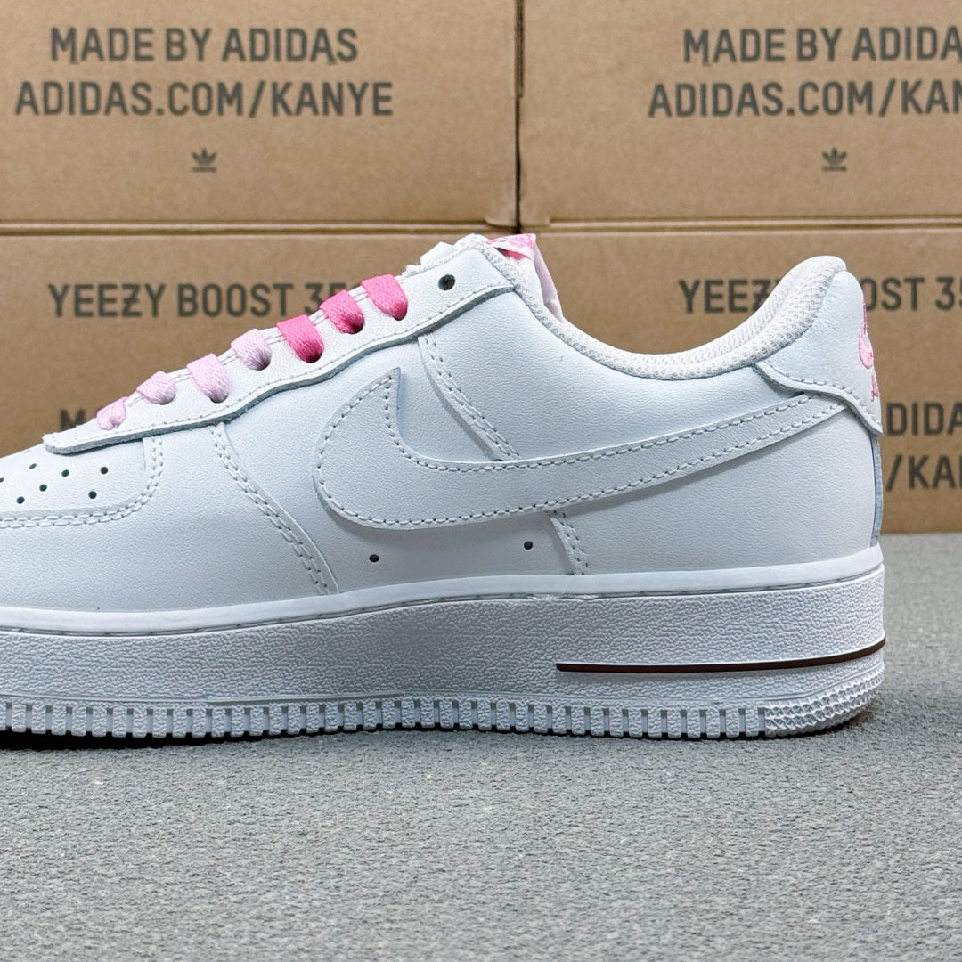 Nike Air Force 1 ’07 Low AF1 White Sneakers with Pink Lace Details, Tonal Swoosh Retro Casual Streetwear Shoes