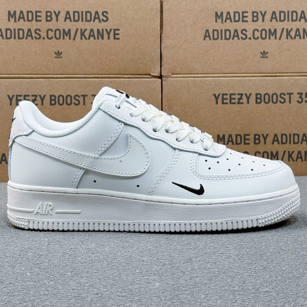 Nike Air Force 1 ’07 Low AF1 White Sneakers with Mini Black Swoosh, Tonal Lace-Up Retro Casual Streetwear Shoes