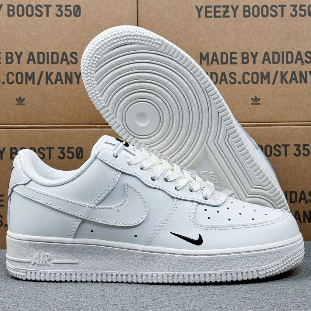 Nike Air Force 1 ’07 Low AF1 White Sneakers with Mini Black Swoosh, Tonal Lace-Up Retro Casual Streetwear Shoes