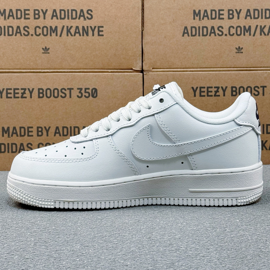 Nike Air Force 1 ’07 Low AF1 White Sneakers with Mini Black Swoosh, Tonal Lace-Up Retro Casual Streetwear Shoes