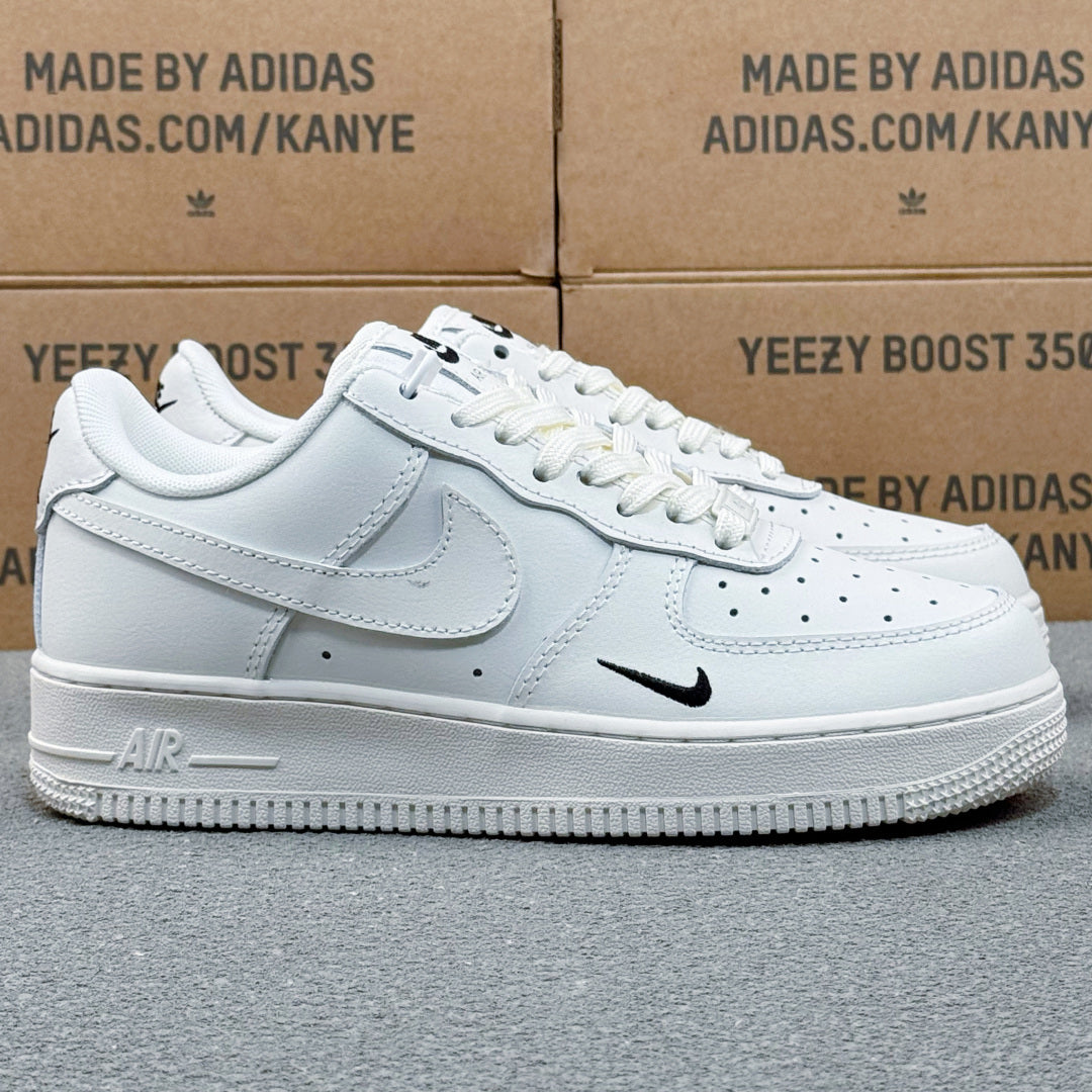 Nike Air Force 1 ’07 Low AF1 White Sneakers with Mini Black Swoosh, Tonal Lace-Up Retro Casual Streetwear Shoes