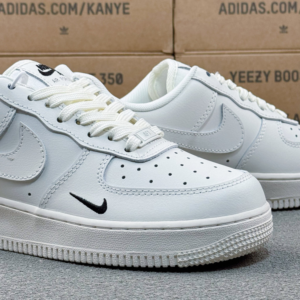 Nike Air Force 1 ’07 Low AF1 White Sneakers with Mini Black Swoosh, Tonal Lace-Up Retro Casual Streetwear Shoes