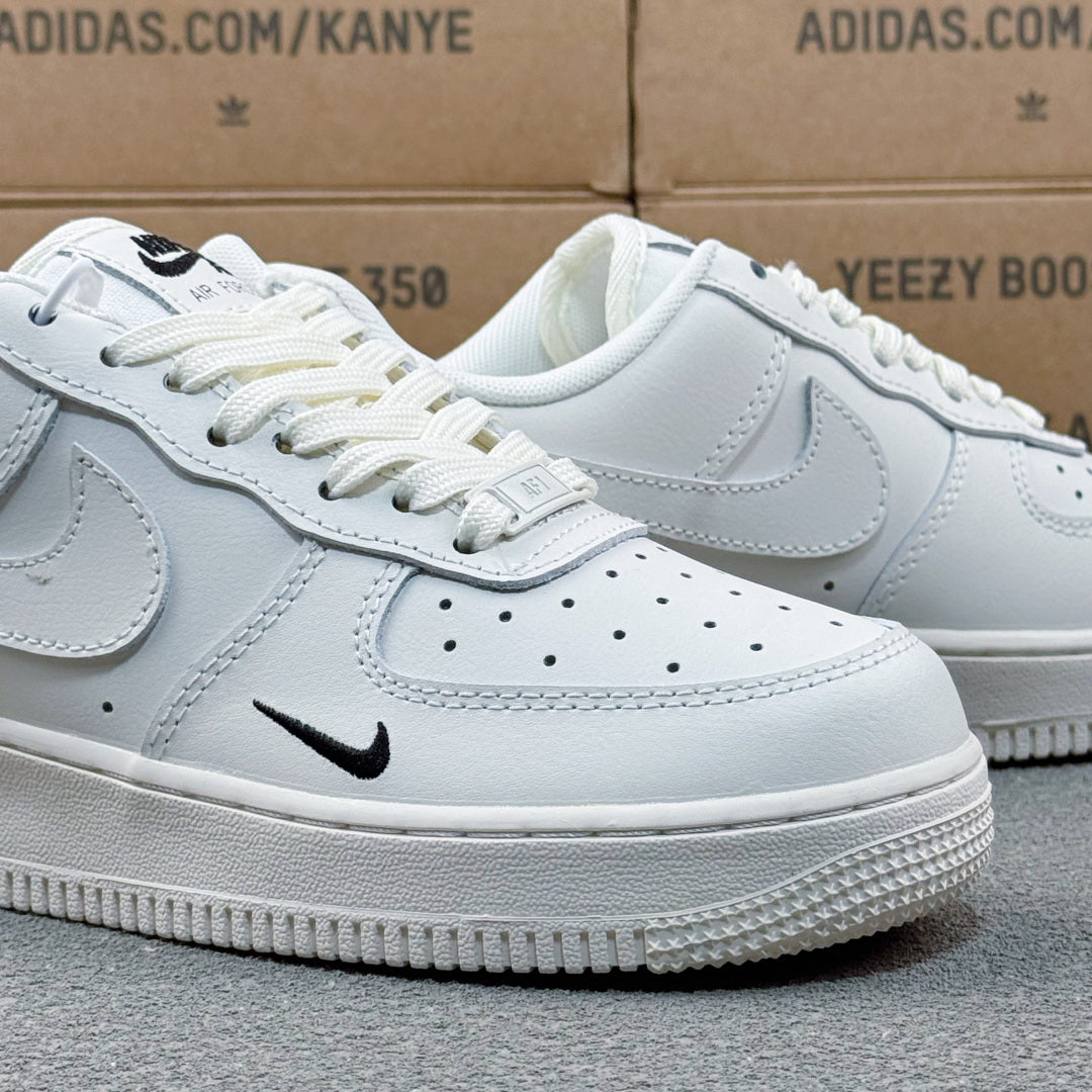 Nike Air Force 1 ’07 Low AF1 White Sneakers with Mini Black Swoosh, Tonal Lace-Up Retro Casual Streetwear Shoes