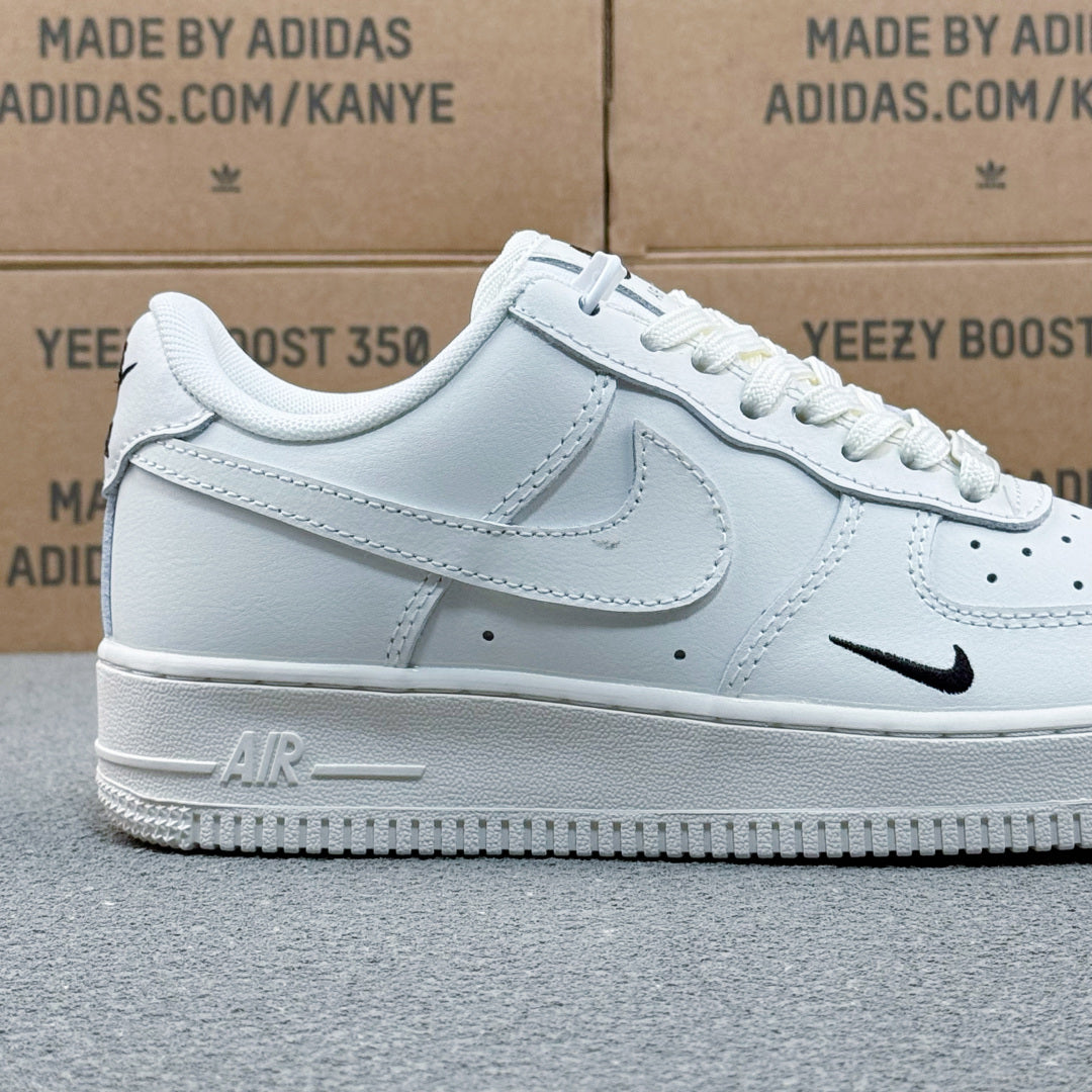 Nike Air Force 1 ’07 Low AF1 White Sneakers with Mini Black Swoosh, Tonal Lace-Up Retro Casual Streetwear Shoes