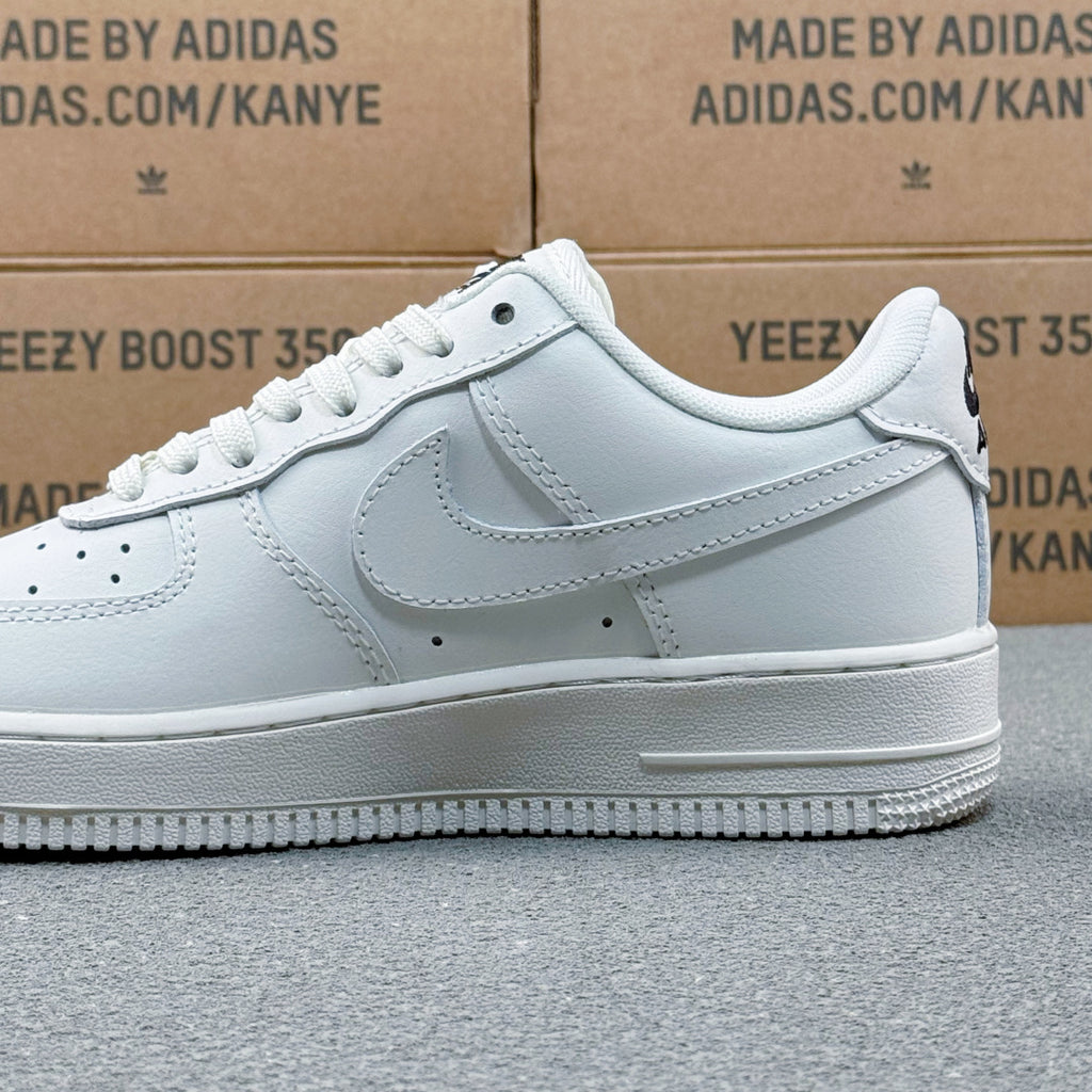 Nike Air Force 1 ’07 Low AF1 White Sneakers with Mini Black Swoosh, Tonal Lace-Up Retro Casual Streetwear Shoes