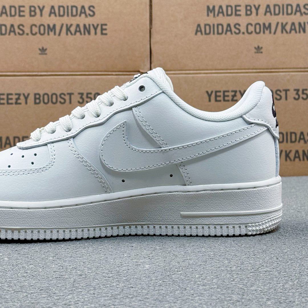 Nike Air Force 1 ’07 Low AF1 White Sneakers with Mini Black Swoosh, Tonal Lace-Up Retro Casual Streetwear Shoes