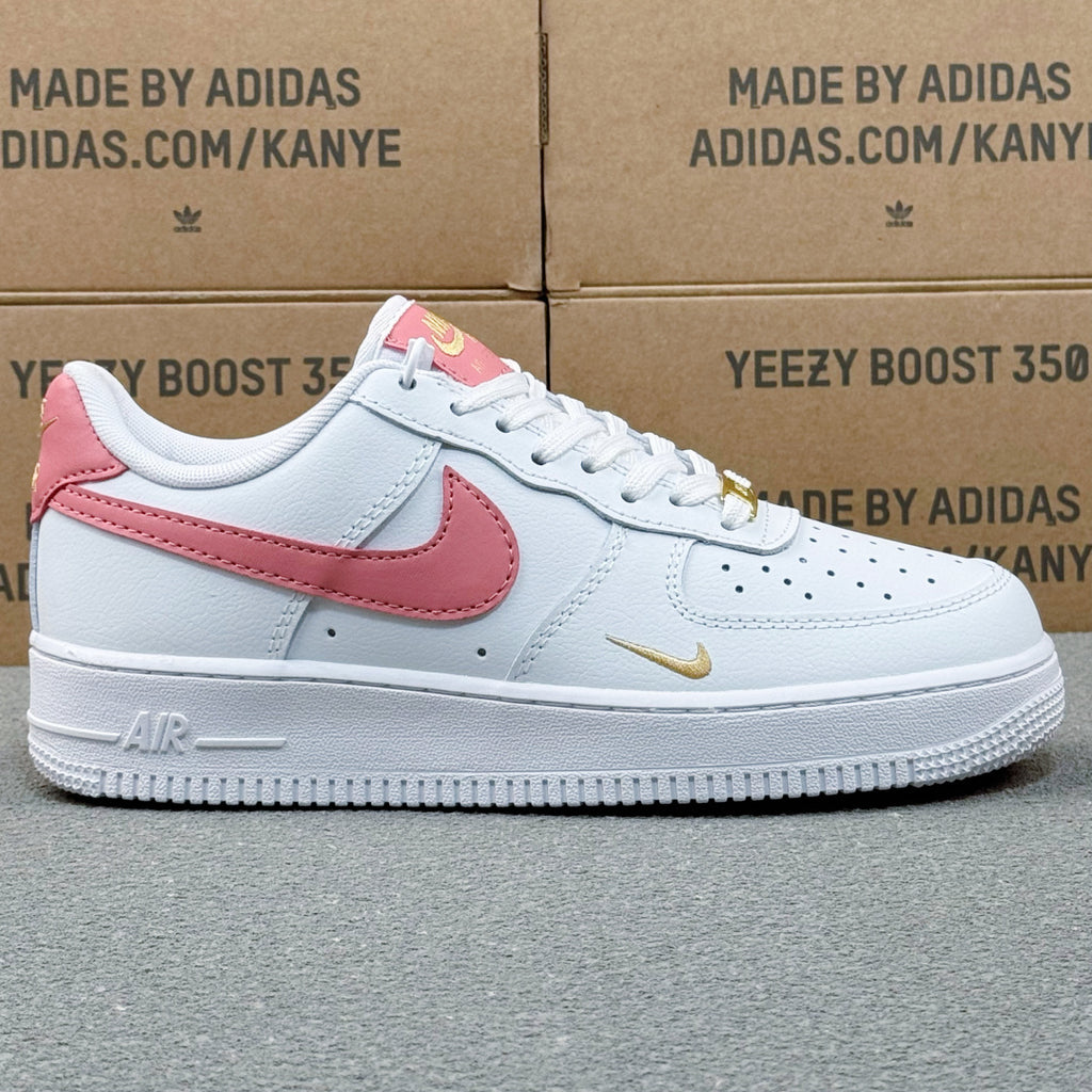 Nike Air Force 1 ’07 Low AF1 White &amp; Pink Sneakers with Mini Gold-Tone Swoosh, Retro Lace-Up Casual Streetwear Shoes