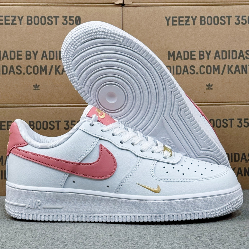 Nike Air Force 1 ’07 Low AF1 White &amp; Pink Sneakers with Mini Gold-Tone Swoosh, Retro Lace-Up Casual Streetwear Shoes