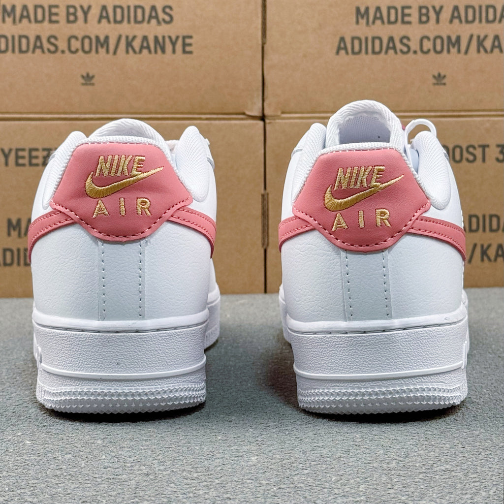 Nike Air Force 1 ’07 Low AF1 White &amp; Pink Sneakers with Mini Gold-Tone Swoosh, Retro Lace-Up Casual Streetwear Shoes