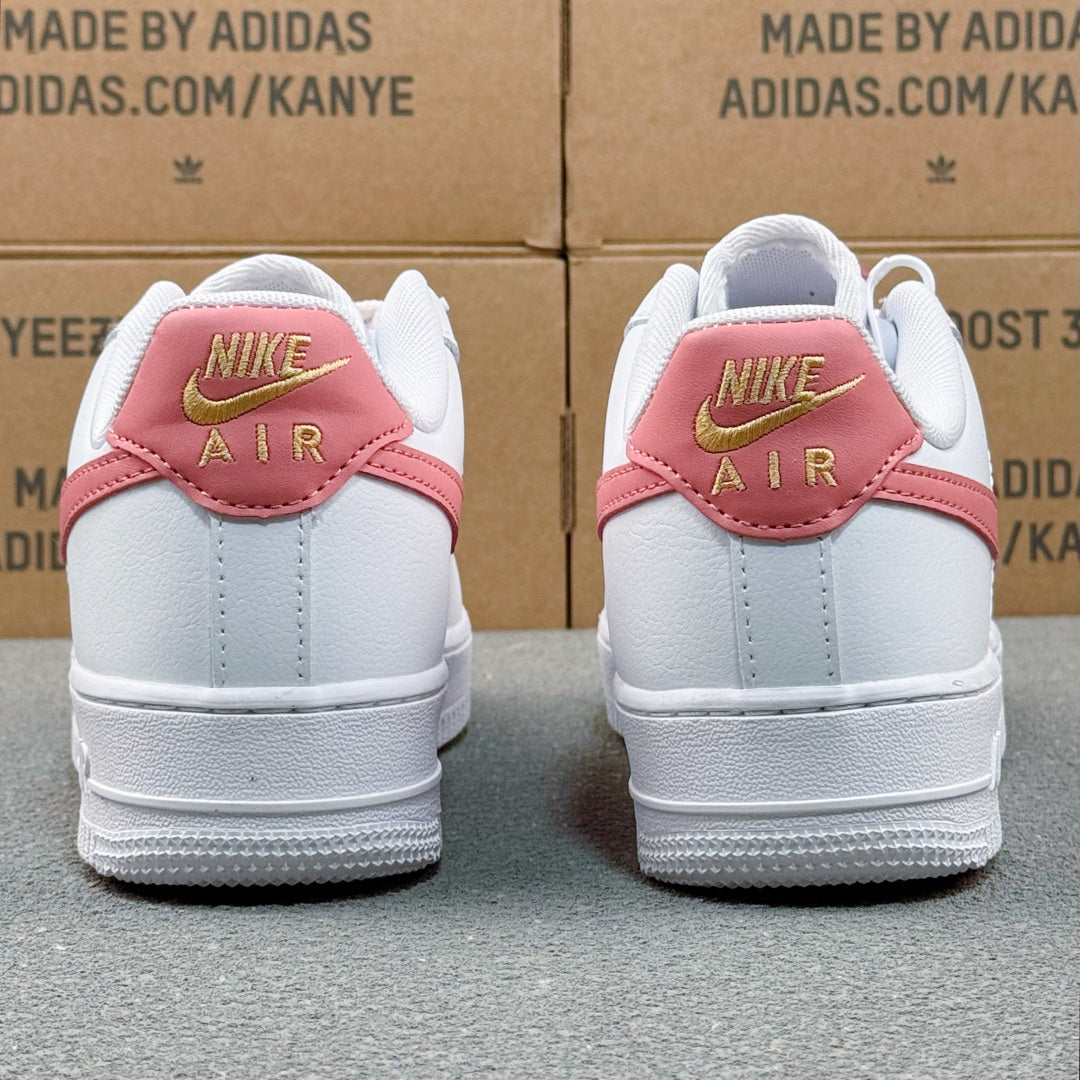 Nike Air Force 1 ’07 Low AF1 White &amp; Pink Sneakers with Mini Gold-Tone Swoosh, Retro Lace-Up Casual Streetwear Shoes