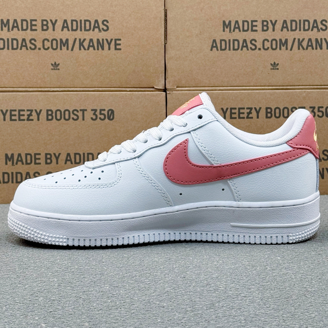 Nike Air Force 1 ’07 Low AF1 White &amp; Pink Sneakers with Mini Gold-Tone Swoosh, Retro Lace-Up Casual Streetwear Shoes