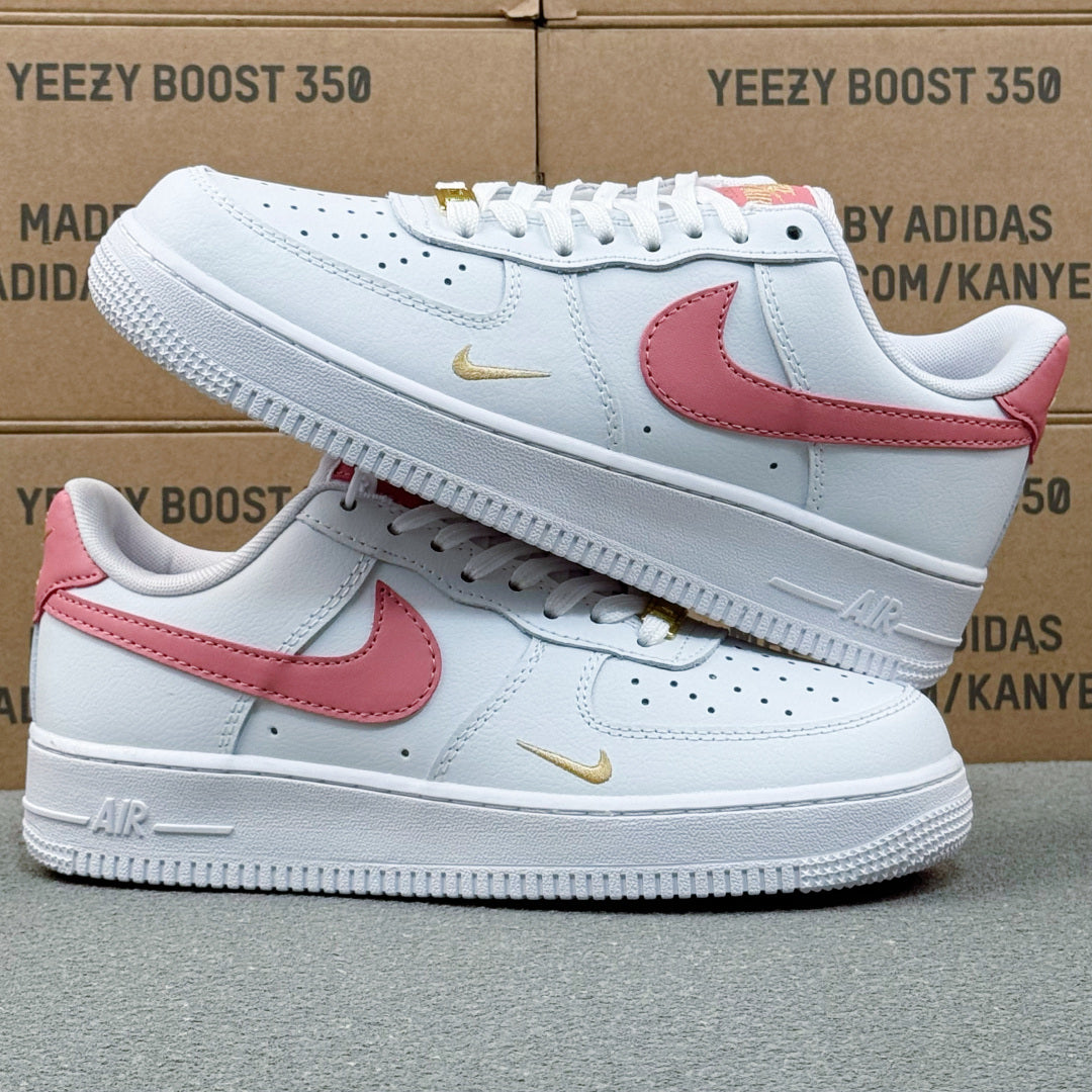 Nike Air Force 1 ’07 Low AF1 White &amp; Pink Sneakers with Mini Gold-Tone Swoosh, Retro Lace-Up Casual Streetwear Shoes