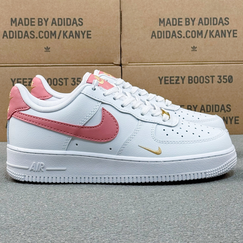 Nike Air Force 1 ’07 Low AF1 White &amp; Pink Sneakers with Mini Gold-Tone Swoosh, Retro Lace-Up Casual Streetwear Shoes
