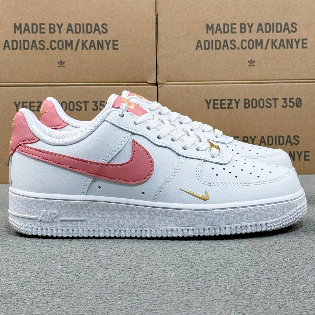 Nike Air Force 1 ’07 Low AF1 White &amp; Pink Sneakers with Mini Gold-Tone Swoosh, Retro Lace-Up Casual Streetwear Shoes