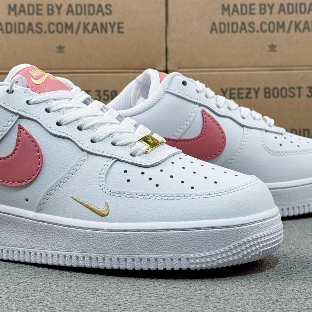 Nike Air Force 1 ’07 Low AF1 White &amp; Pink Sneakers with Mini Gold-Tone Swoosh, Retro Lace-Up Casual Streetwear Shoes