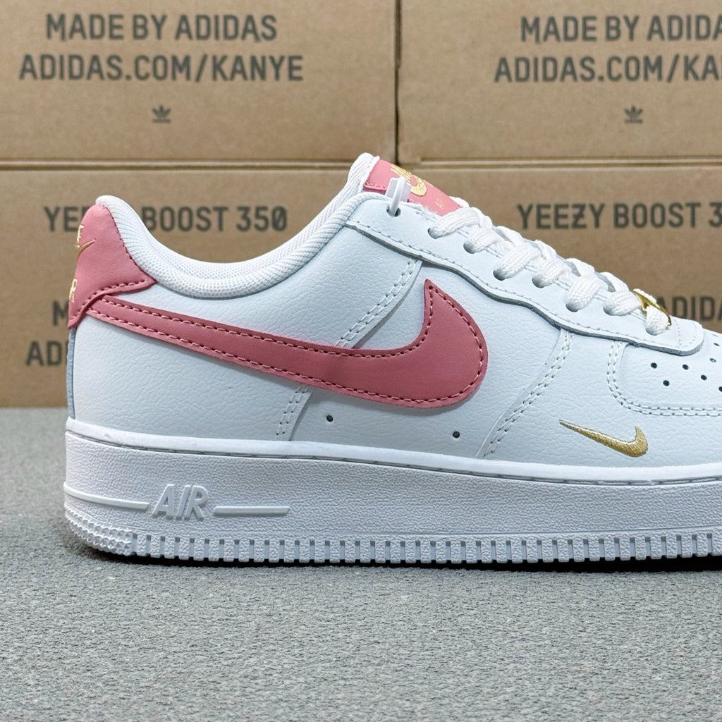 Nike Air Force 1 ’07 Low AF1 White &amp; Pink Sneakers with Mini Gold-Tone Swoosh, Retro Lace-Up Casual Streetwear Shoes