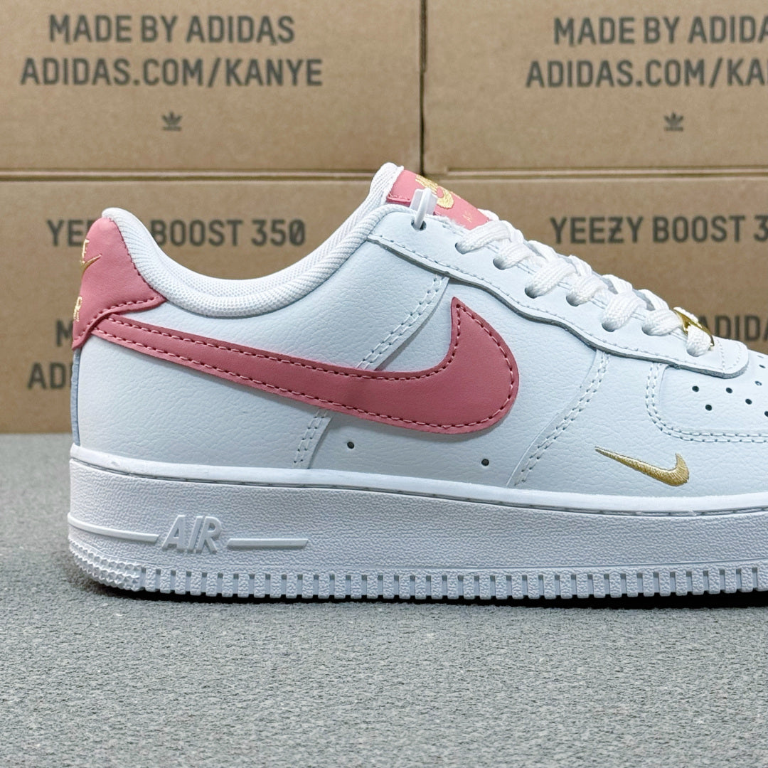 Nike Air Force 1 ’07 Low AF1 White &amp; Pink Sneakers with Mini Gold-Tone Swoosh, Retro Lace-Up Casual Streetwear Shoes