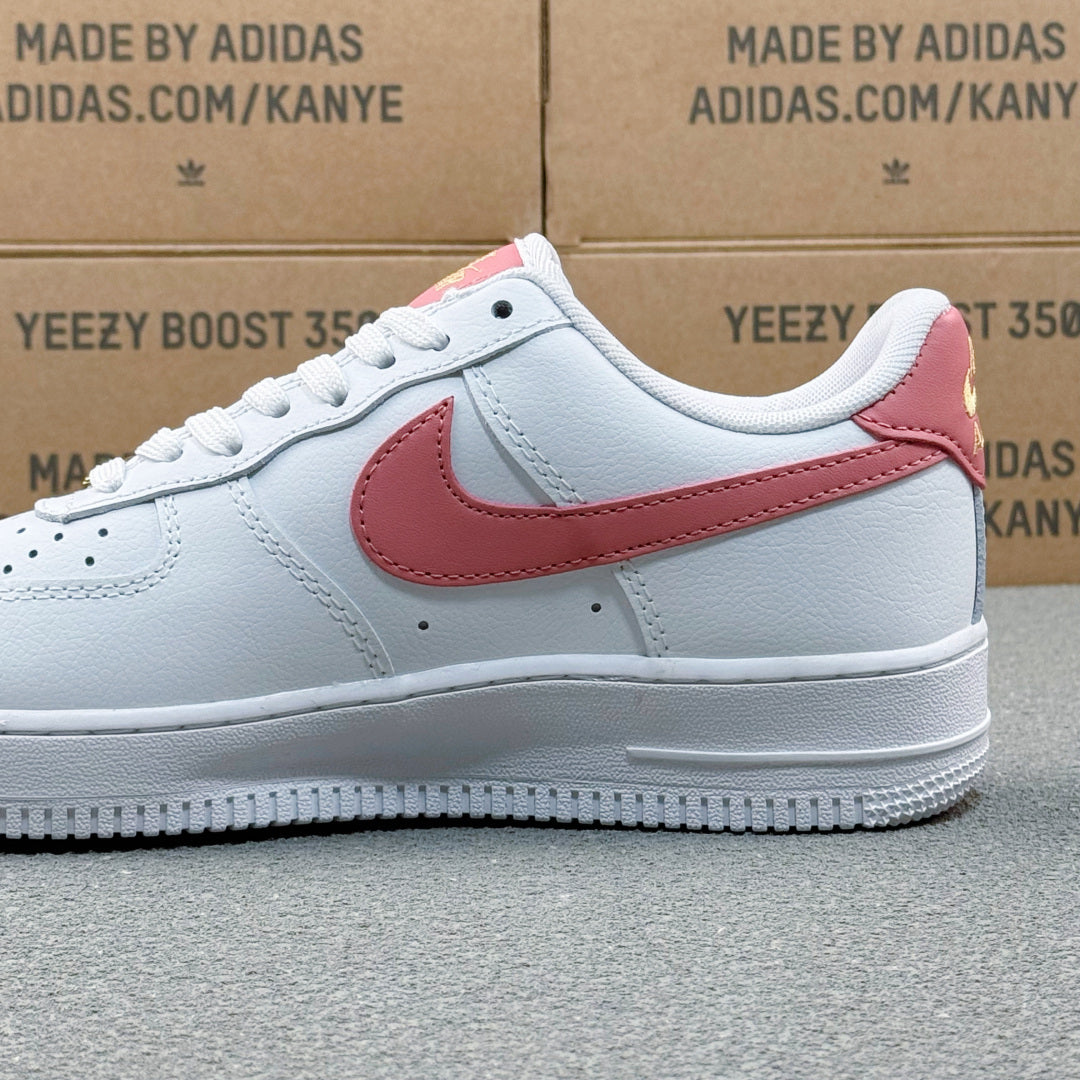 Nike Air Force 1 ’07 Low AF1 White &amp; Pink Sneakers with Mini Gold-Tone Swoosh, Retro Lace-Up Casual Streetwear Shoes