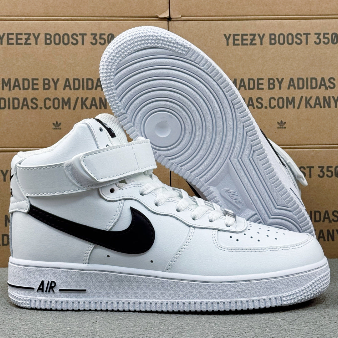 Nike Air Force 1 Mid AF1 White & Black Sneakers, Ankle Strap Lace-Up Retro Casual Streetwear Shoes