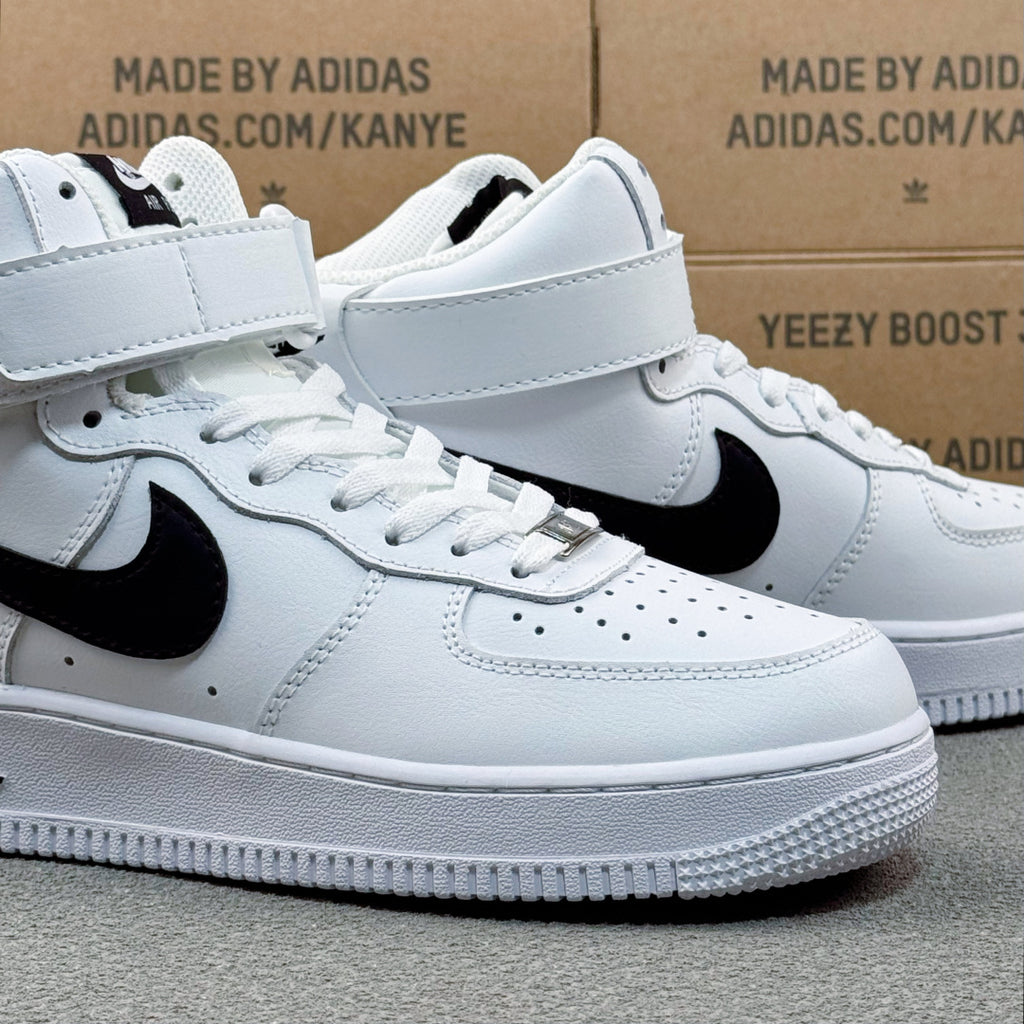 Nike Air Force 1 Mid AF1 White & Black Sneakers, Ankle Strap Lace-Up Retro Casual Streetwear Shoes