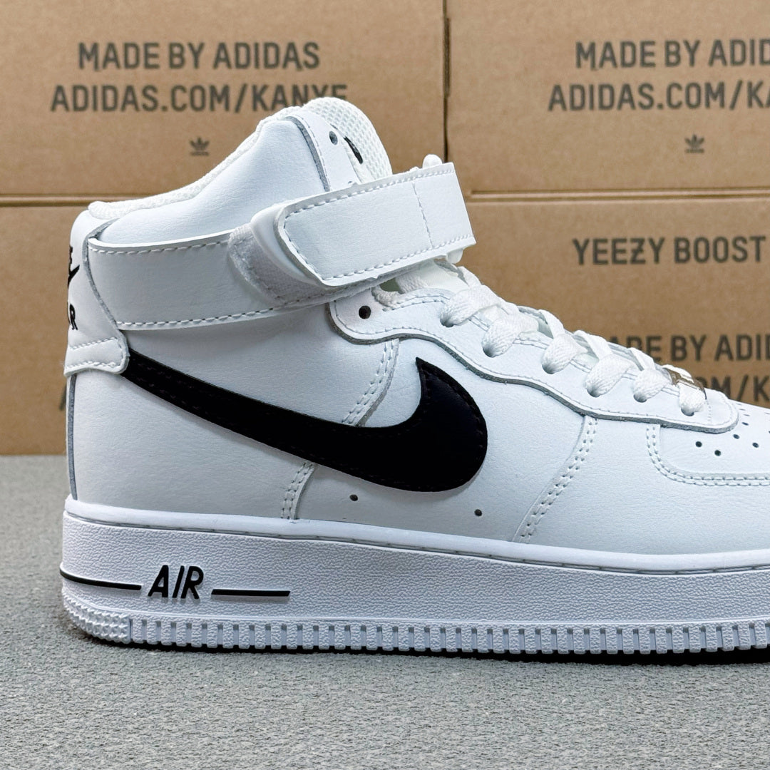 Nike Air Force 1 Mid AF1 White & Black Sneakers, Ankle Strap Lace-Up Retro Casual Streetwear Shoes