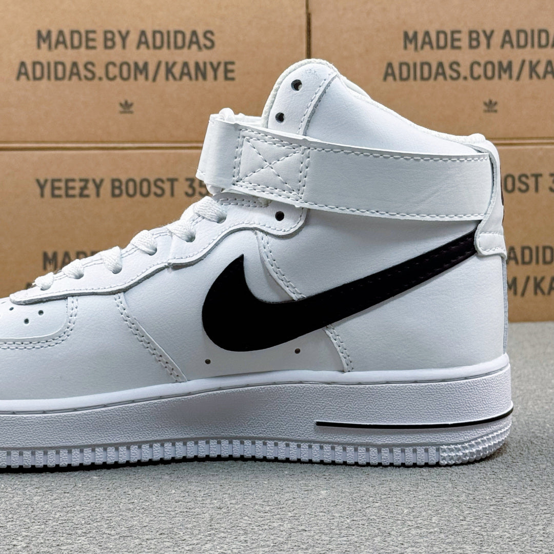 Nike Air Force 1 Mid AF1 White & Black Sneakers, Ankle Strap Lace-Up Retro Casual Streetwear Shoes